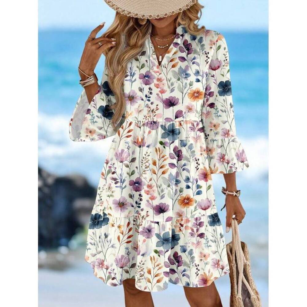 EMERY ROSE Minimalist Floral Pattern Short Dress, Suitable For Su